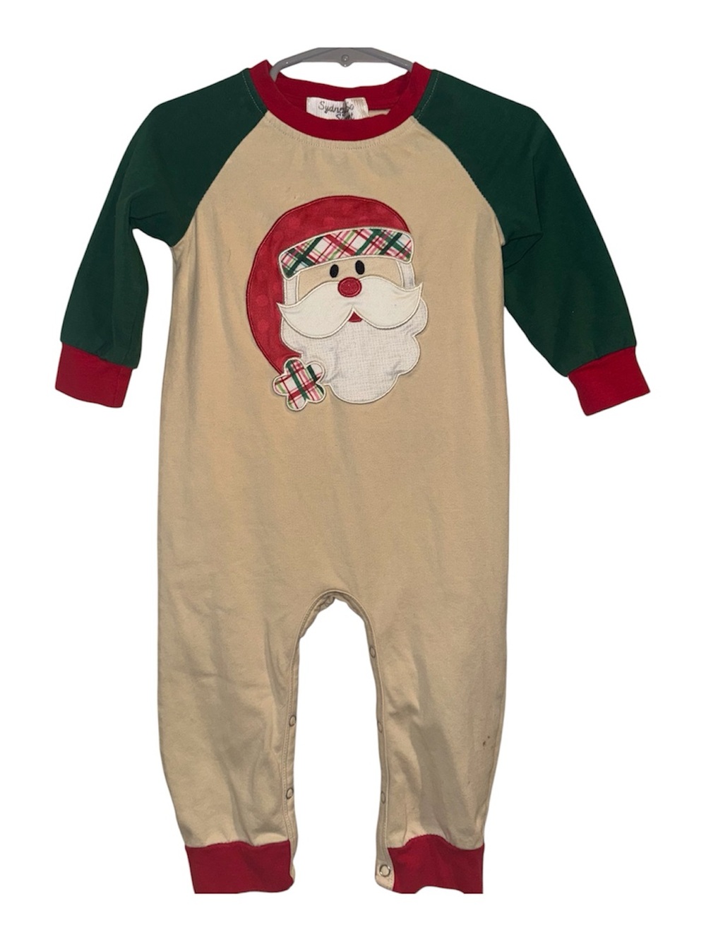 Festive Santa Applique Footed One-Piece - Cream & Green